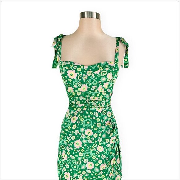 WAYF Malibu Faux Wrap Midi Kelly Daisy Green Floral Summer Dress NEW NWT XS - Picture 4 of 6